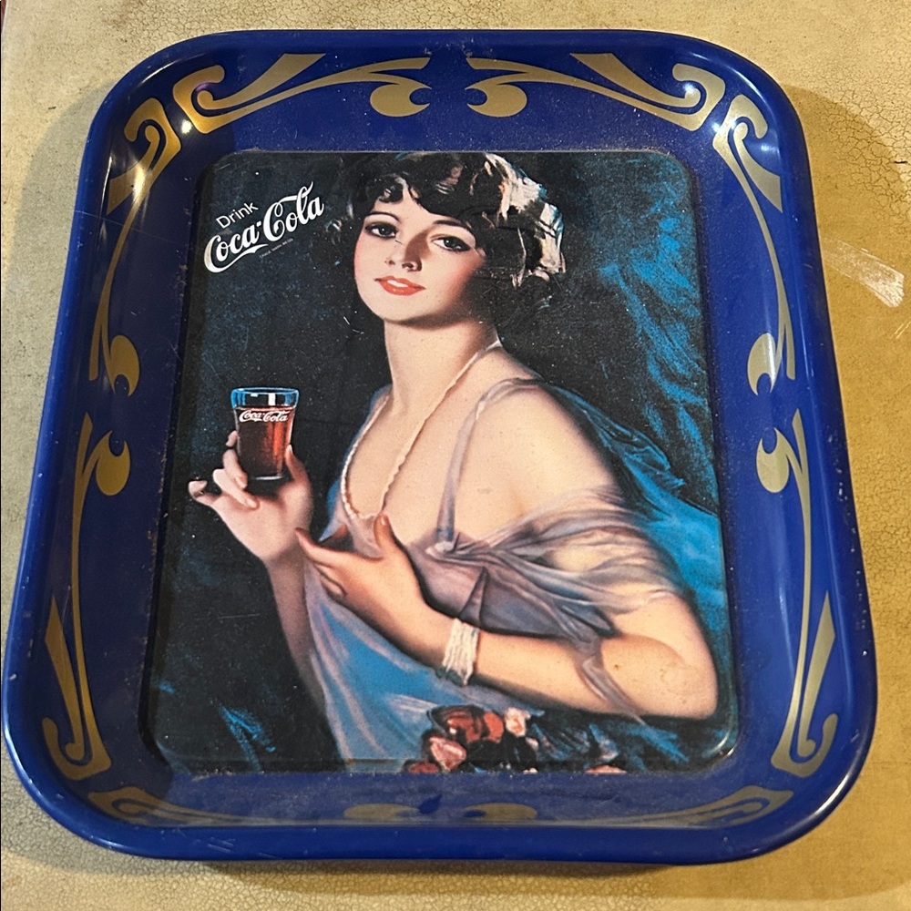 Coca Cola Royal Blue Vanity Tray with Gold Scrollwork and Lady Illustration